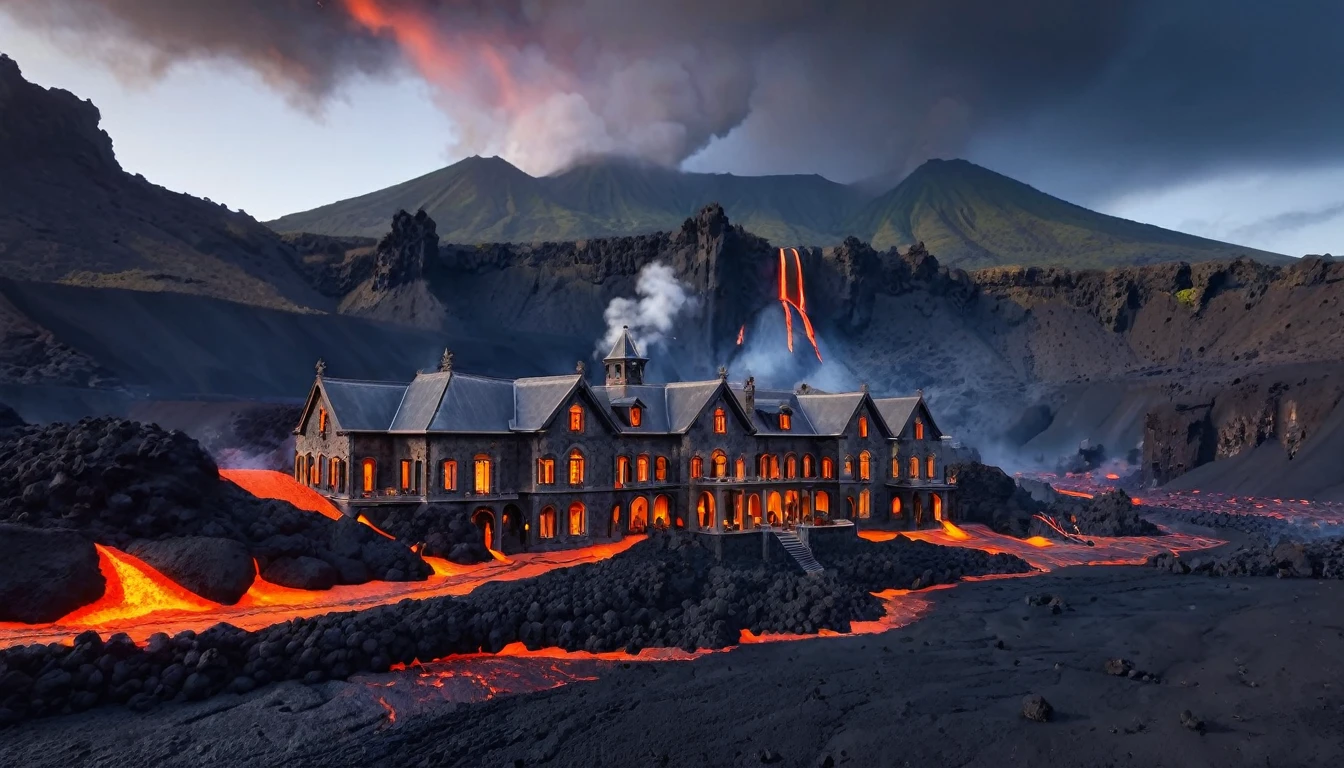 Fantasy, Large medieval stone mansion in a volcanic valley, The mansion is surrounded by black mountains and lava., hot, Lava cascades down the cliffs in the background.,Covered in lava