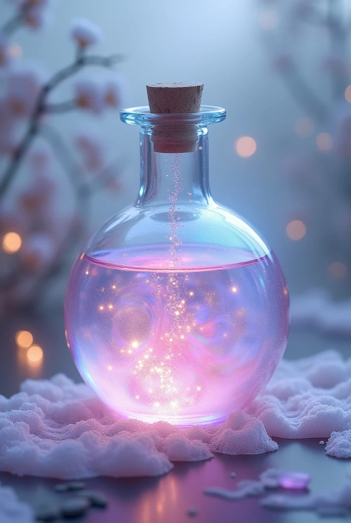 A Potion with a Iridescent, with a shifting palette of pastel colors, primarily light blue and pink, with a dreamy, otherworldly glow.







