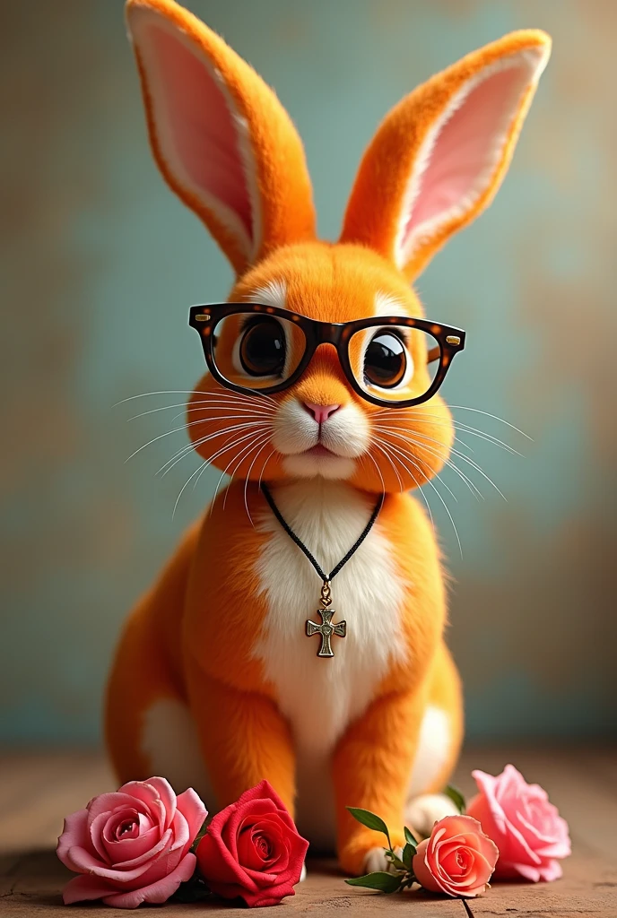 Orange hare with airplane pilot glasses with a Santa Rosa de Lima theme from Peru and a bouquet of her red and pink roses under the hare as her floor and her cross necklace