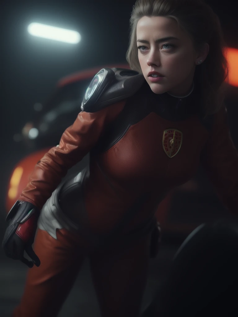 .(Futuristic AMBER HEARD young woman, in a red Porsche suit) by gesaffelstein, action pose, epic scene, lots of fine detail, movie style, photography, natural textures, natural light, natural blur, photorealism, cinematic rendering, ray tracing, highest quality, highest detail, Cinematic, Blur Effect, Long Exposure, 8K, Ultra-HD, Natural Lighting, Moody Lighting, Cinematic Lighting, hyper-realistic, vibrant, 8k, detailed, ultra detail,