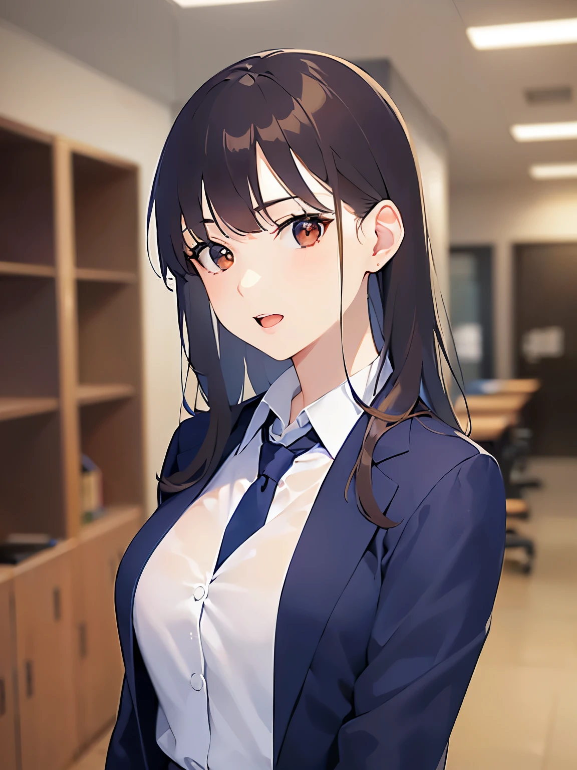 side angle, upper body, Realistic, real person, (pale skin: 1.2), RAW photo, photorealistic, shiny skin, shiny hair、(A 25-year-old woman with medium-length hair and bangs) and (wavy hair) and (brown hair) and (orange eyes) , BREAK (Navy blue business suit:1.5) and (white collared shirt) BREAK、smile, open mouth, Background is an office room、Alone、Are standing
