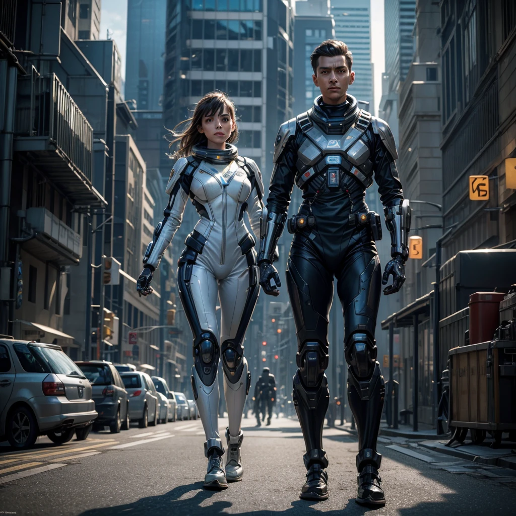 
a woman in a futuristic uniform of the interstellar fleet academy walking down a street of a planetary colony with a humanoid cyborg at her side