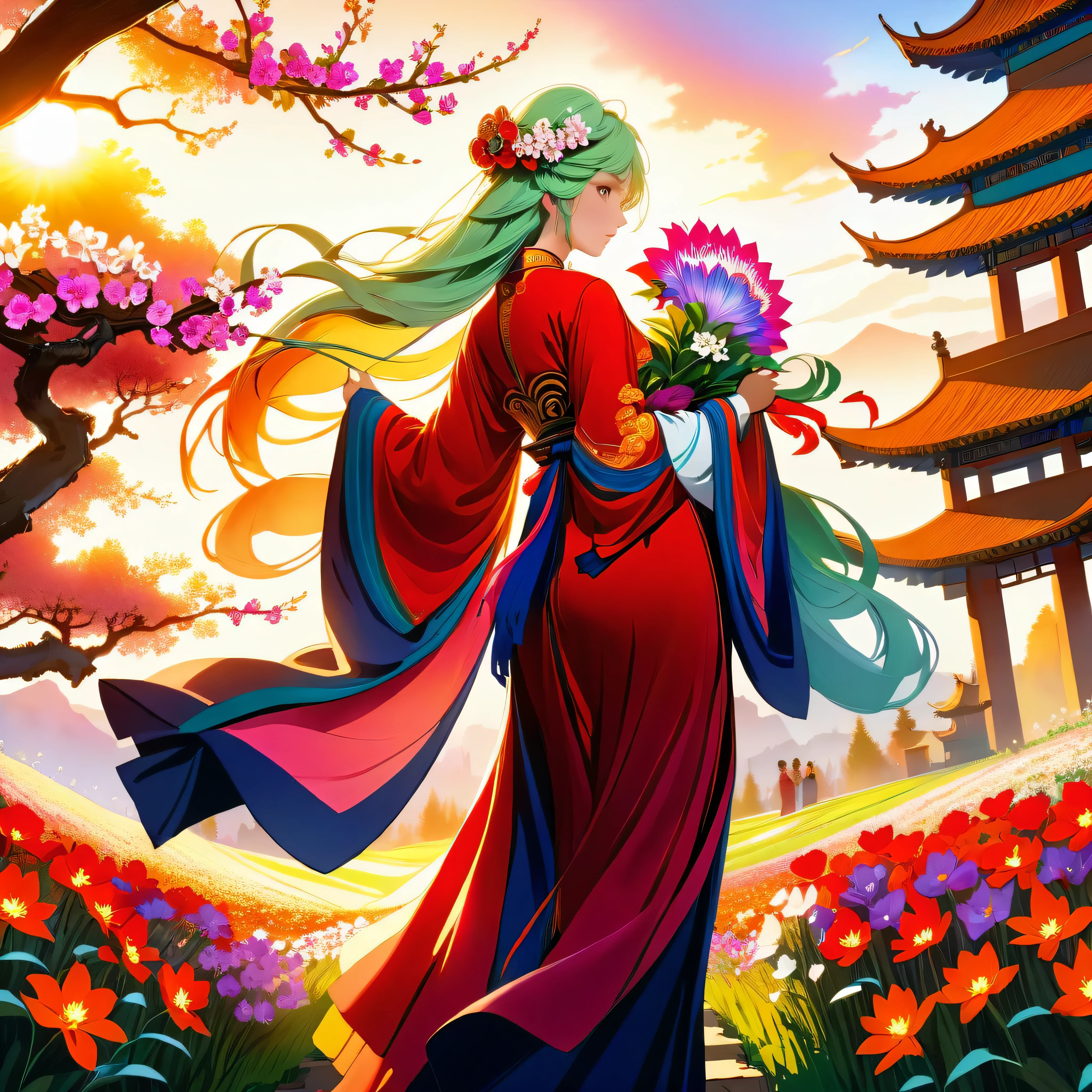 sunset unparalleled Paint a work in the traditional Chinese ink painting style with an emphasis on gold, scarlet, navy. Among them should be insane depicted a wise man with gray hair and long hair and sharp eyes of pink color. This sage should be a man with many hands and fingers and multiple faces.sunset, there is a female in a red and white flowers holding a bouquet, woman in flowers, picking flowers, holding flowers, picking up a flower, woman standing in flower field, woman standing in a flower field, flowers on heir cheeks, woman in a flower field, portrait of woman in flower field walking in forest, woman with a flower head. ((extremely wide shot:1.15)), a ultrarealistic on a bridge looking at a city in the distance in the background, ((back view)), ((full body)), magnificent scene, detailed environment, highly detailed environment deep path Equirectangular garden (((insane UnrealEngine5,top Masterpiece,ultra highdef, insane Professional Photorealistic,optimal ultra sharp-focus,max,ultra high-quality,opengl-shaders,symmetrical,ultra high-details,accurate reflex,ultra highres, perfection volumetric,Cinematic_Sunlight,improved Octane_render,XT3,DSLR,3dcg shadow, analogiques, extatiques, high saturate, reflection))) dazzling Will-o'-the-wisp,global luminescence, --v 6 --s 1000 --c 20 --q 500 --chaos 100