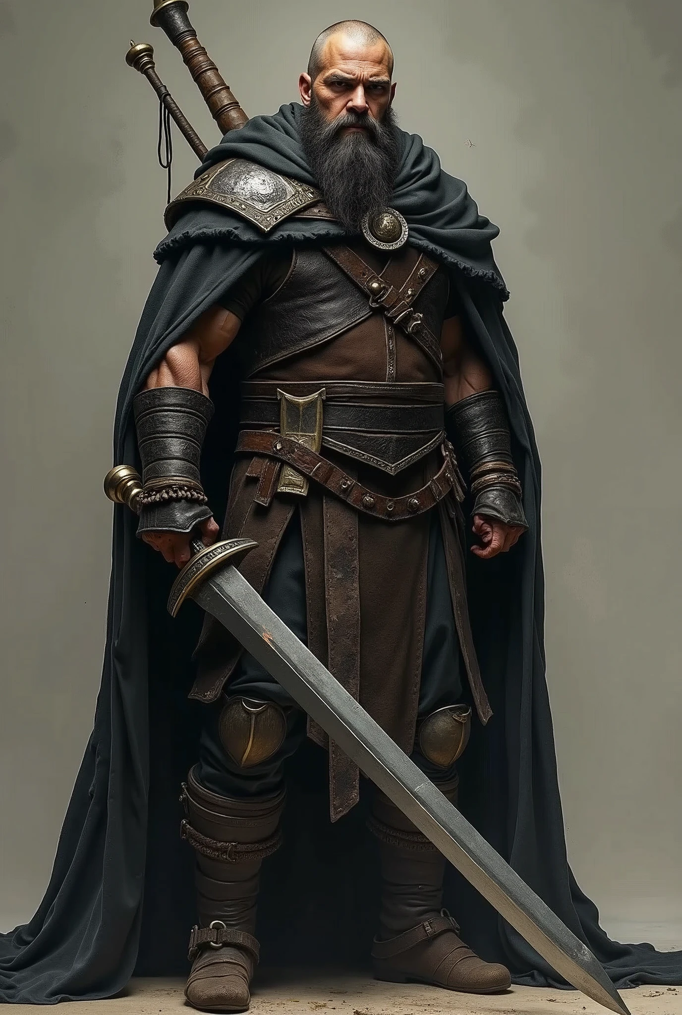 medieval barbarian 2 meters tall, brawny. shaved hair and a slightly long beard.  wearing a large black cloak, with a large, wide sword on his back, helmet to hide the face. 
