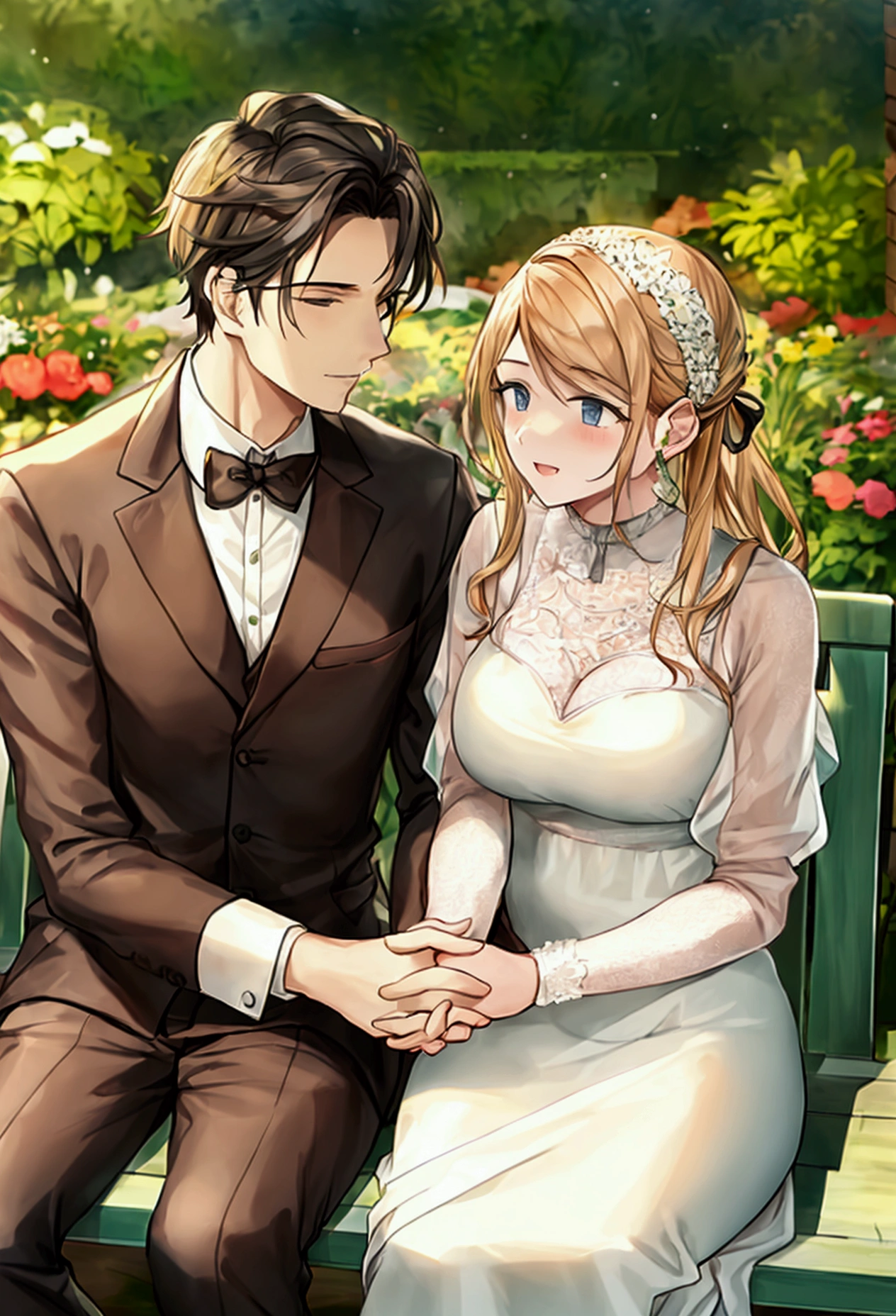 A man and a woman sitting in a garden opposite each other holding hands