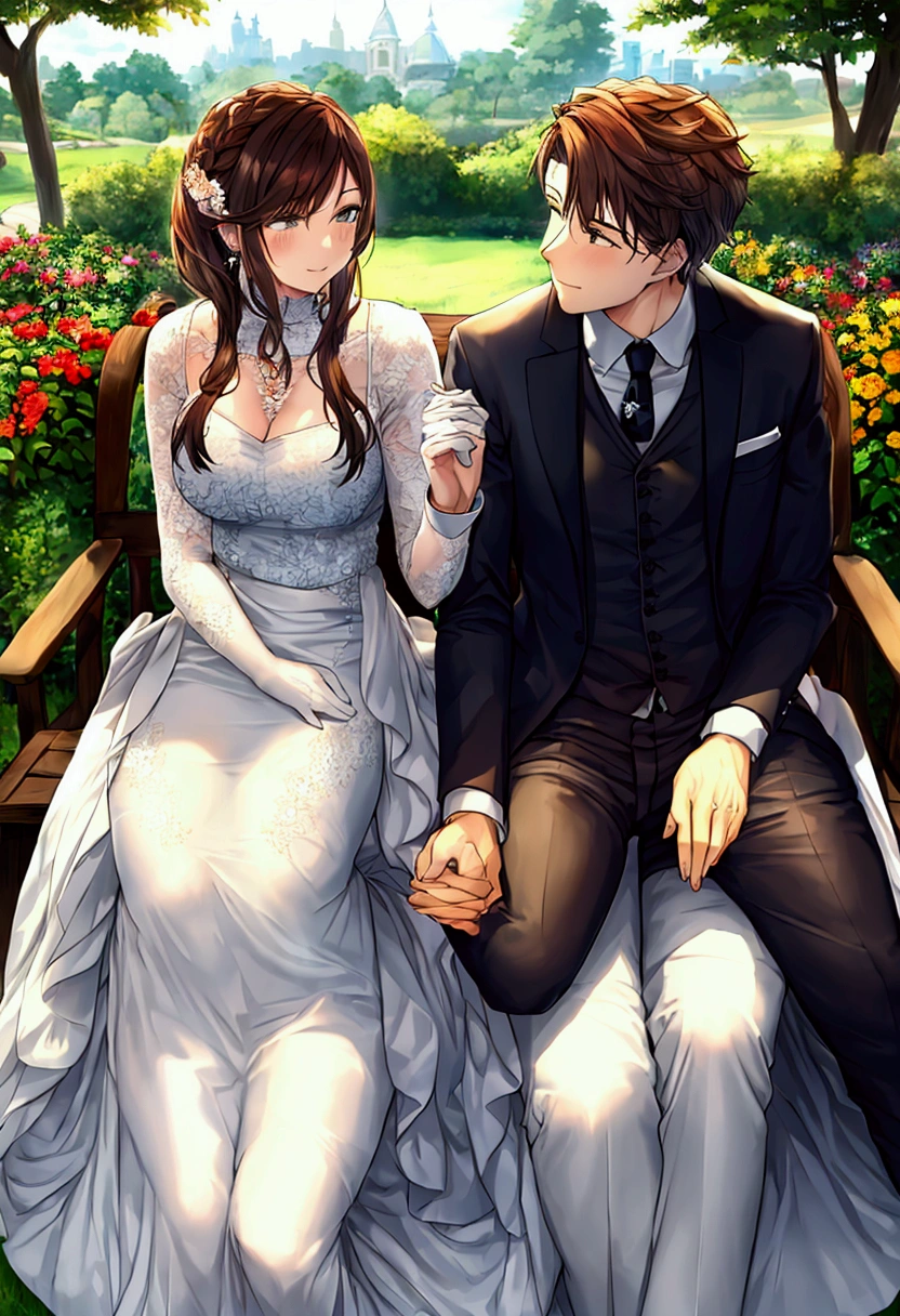 A man and a woman sitting in a garden opposite each other holding hands
