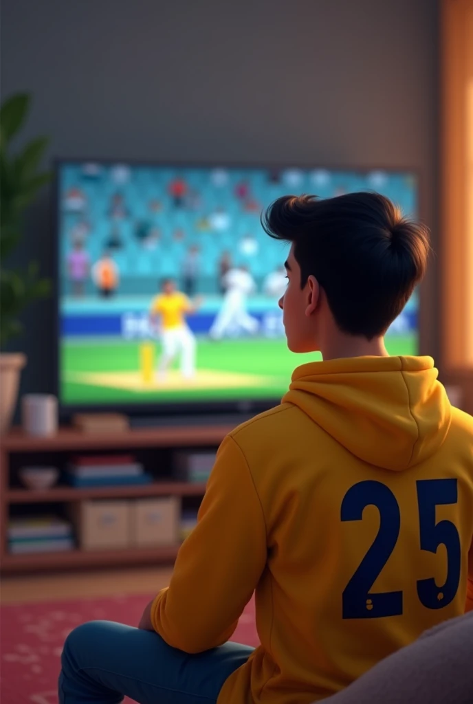 Image cricket watching in televisnion
young men 
 Name Satyam jersey number 25 yellow hoodie  side face
