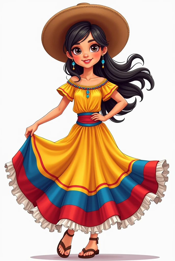 Animated girl with Colombian flag and wearing a Colombian cumbia dress without background
