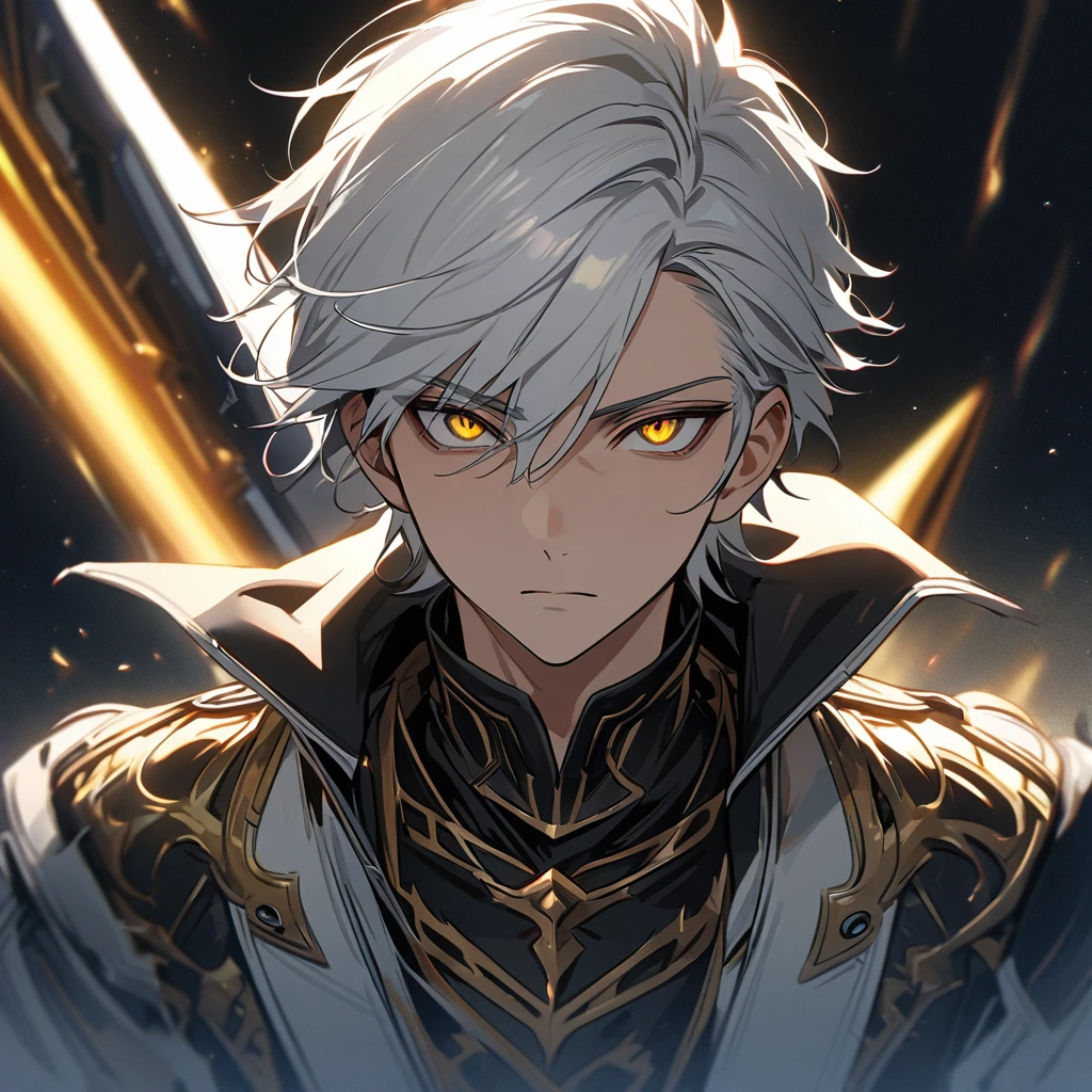 High quality, HD, 4k, no shadows, handsome male, 1male, 17 years old, teenager, short white hair, silver hair, white hair, sharp eyes, dark golden colored eyes, deep golden eyes, dark gold eyes, gold eyes, devil may cry, close up, calm expression, stoic expression, black leather clothes, white leather clothing, lean body, well trained body, upper body, looking at viewer, cowboy shot, white solar, space background