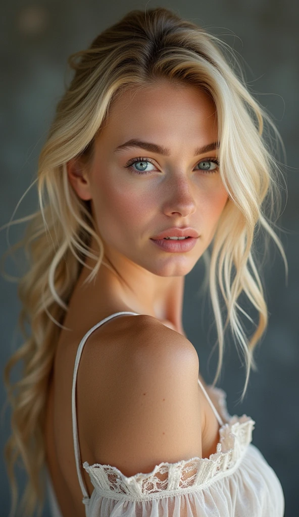 Create a female character who is a beautiful blonde woman with blue eyes. She must have a charming personality, with a combination of intelligence, charisma and sensitivity. Describe it in detail, including your fashion style, hobbies, and a brief life story that shows how she became the incredible person she is today. full body photo!