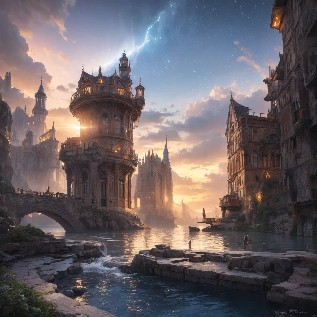 (8k, highest quality, masterpiece, final fantasy style: 1.2), (unRealistic, photoRealistic: 1.37), Dreamy landscape, Fantasy, Unsurreal landscapes, Super detailed, Flying Castle, Floating Island in the Sky, Seven-colored swirl of light, Intense lightning, milky way, Complex Light, Colored light, Large Lake, Starry sky reflected on the lake surface, Countless shining stars, Meteors,  Reflections , (A pillar of light emanated from the ground:1,2), roses and orchids gardens , sunset, pink clouds, waterfalls in the sky, realistic style, Hyperrealism drawing, a flying pirate spaceship floating at the clouds level, burning skyscrapers, cyborgs, timeless realms, casting spell, healing light magic effect, in a magical lagoon of the fairyland, crystal clear water surface reflections, sharp focus, looking at viewer, (close-up:0.9), (bright white theme:1.2), (bright white tone:1.2), (deep blue tone:1.3), realistic, Hyperrealism,