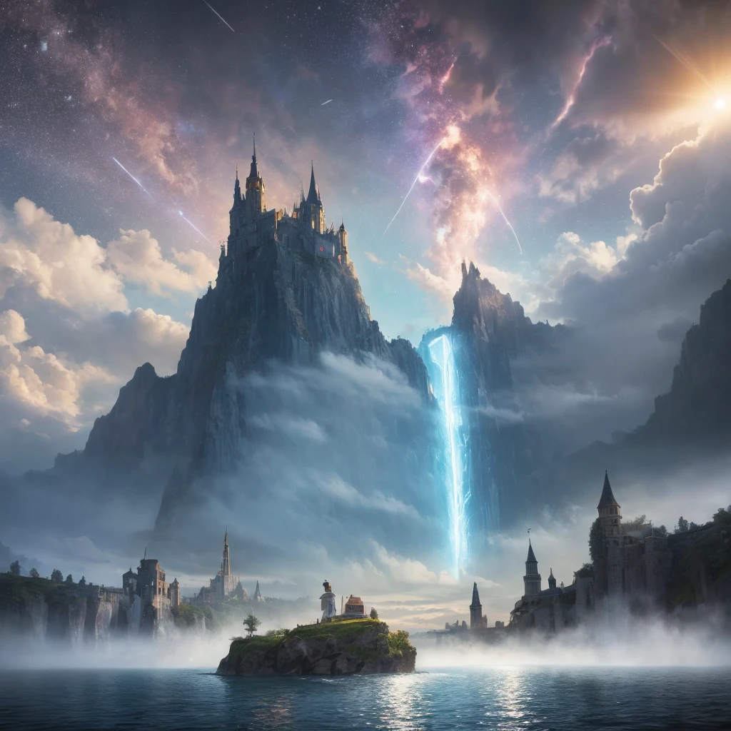 (8k, highest quality, masterpiece, final fantasy style: 1.2), (unRealistic, photoRealistic: 1.37), Dreamy landscape, Fantasy, Unsurreal landscapes, Super detailed, Flying Castle, Floating Island in the Sky, Seven-colored swirl of light, Intense lightning, milky way, Complex Light, Colored light, Large Lake, Starry sky reflected on the lake surface, Countless shining stars, Meteors, Reflections , (A pillar of light emanated from the ground:1,2), roses and orchids gardens , sunset, pink clouds, waterfalls in the sky, realistic style, Hyperrealism drawing, a flying pirate spaceship floating at the clouds level, burning skyscrapers, cyborgs, timeless realms, casting spell, healing light magic effect, in a magical lagoon of the fairyland, crystal clear water surface reflections, sharp focus, looking at viewer, (close-up:0.9), (bright white theme:1.2), (bright white tone:1.2), (deep blue tone:1.3), realistic, Hyperrealism,