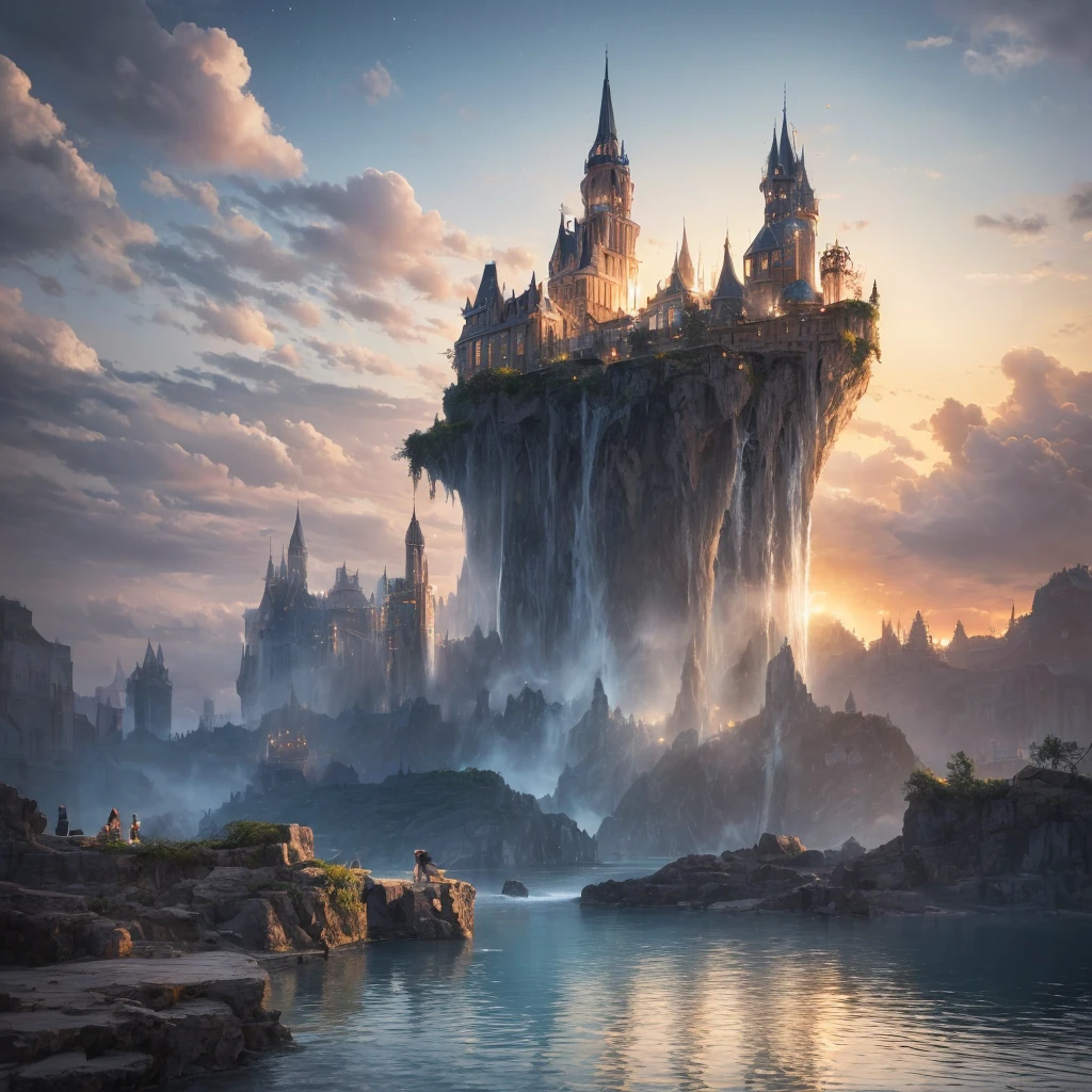 (8k, highest quality, masterpiece, final fantasy style: 1.2), (unRealistic, photoRealistic: 1.37), Dreamy landscape, Fantasy, Unsurreal landscapes, Super detailed, Flying Castle, Floating Island in the Sky, Seven-colored swirl of light, Intense lightning, milky way, Complex Light, Colored light, Large Lake, Starry sky reflected on the lake surface, Countless shining stars, Meteors, Reflections , (A pillar of light emanated from the ground:1,2), roses and orchids gardens , sunset, pink clouds, waterfalls in the sky, realistic style, Hyperrealism drawing, a flying pirate spaceship floating at the clouds level, burning skyscrapers, cyborgs, timeless realms, casting spell, healing light magic effect, in a magical lagoon of the fairyland, crystal clear water surface reflections, sharp focus, looking at viewer, (close-up:0.9), (bright white theme:1.2), (bright white tone:1.2), (deep blue tone:1.3), realistic, Hyperrealism,