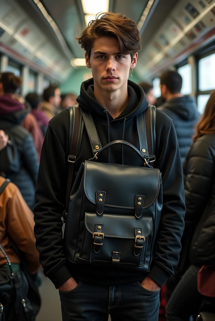 A person travelling in local train and standout around a lot of people. Give me the front view and a person should wear a black leather backpack 
In the image person should looking confident 
In the picture a person should come in front of me
Convert the person to 180°