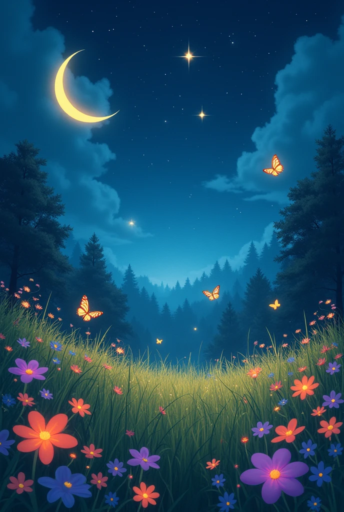 create an imaginary night scene in which stars moon grassland colourful butterflies fireflies and colourful flowers should be there
