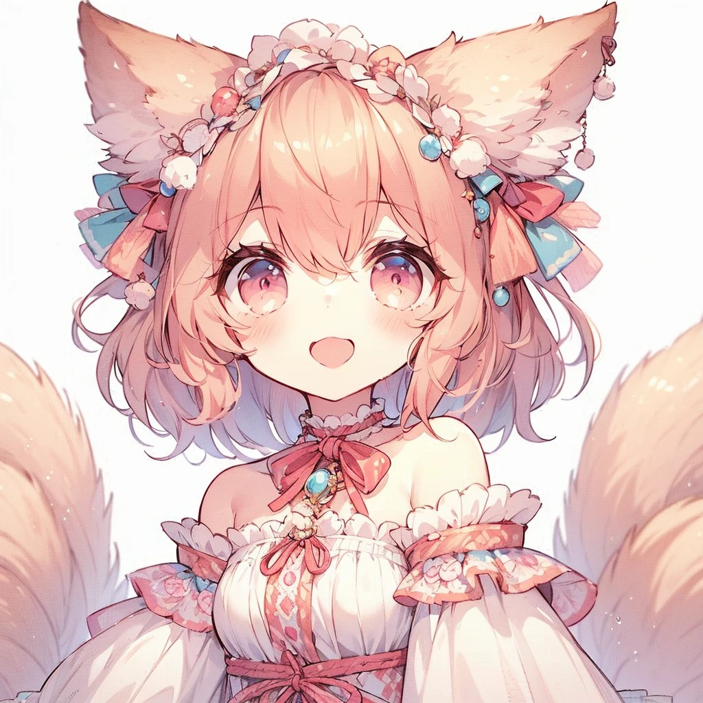(Exquisite, beautiful, Very detailed, masterpiece, high quality,High resolution),(Soft and thin lines: 1.2, Beautiful and delicate face, Pixiv-inspired anime illustration,Illustration style printed by nijijourney, A cute illustration style of a beautiful girl in pastel colors that is going viral among Japanese people on Twitter,), The whole body is visible,もふもふの狐の耳ともふもふな尻尾が生えた猫のような獣の瞳と小さな口と高い鼻と小さな尖った牙を持ったbeautifulが露出の高い水着を着てもじもじしながら恥ずかしそうかつ嬉しそうに笑顔で微笑んでいる,A cute swimsuit with lace, frills and ribbons.,(薄い茶色でウェーブ掛かったボブヘア色白で短い眉毛を持ち淡いピンクのほっぺでとても小さな鼻と口に小さな尖った牙が生えぷっくりとしたピンク色の唇とbeautiful獣の瞳とかなり大きなふわふわでとても大きなバストを持っちむちむちの太ももの良いスタイルの可愛らしい女の子ibrant colors that stand out,Colored pencil art,Floating hearts,I love it♡
