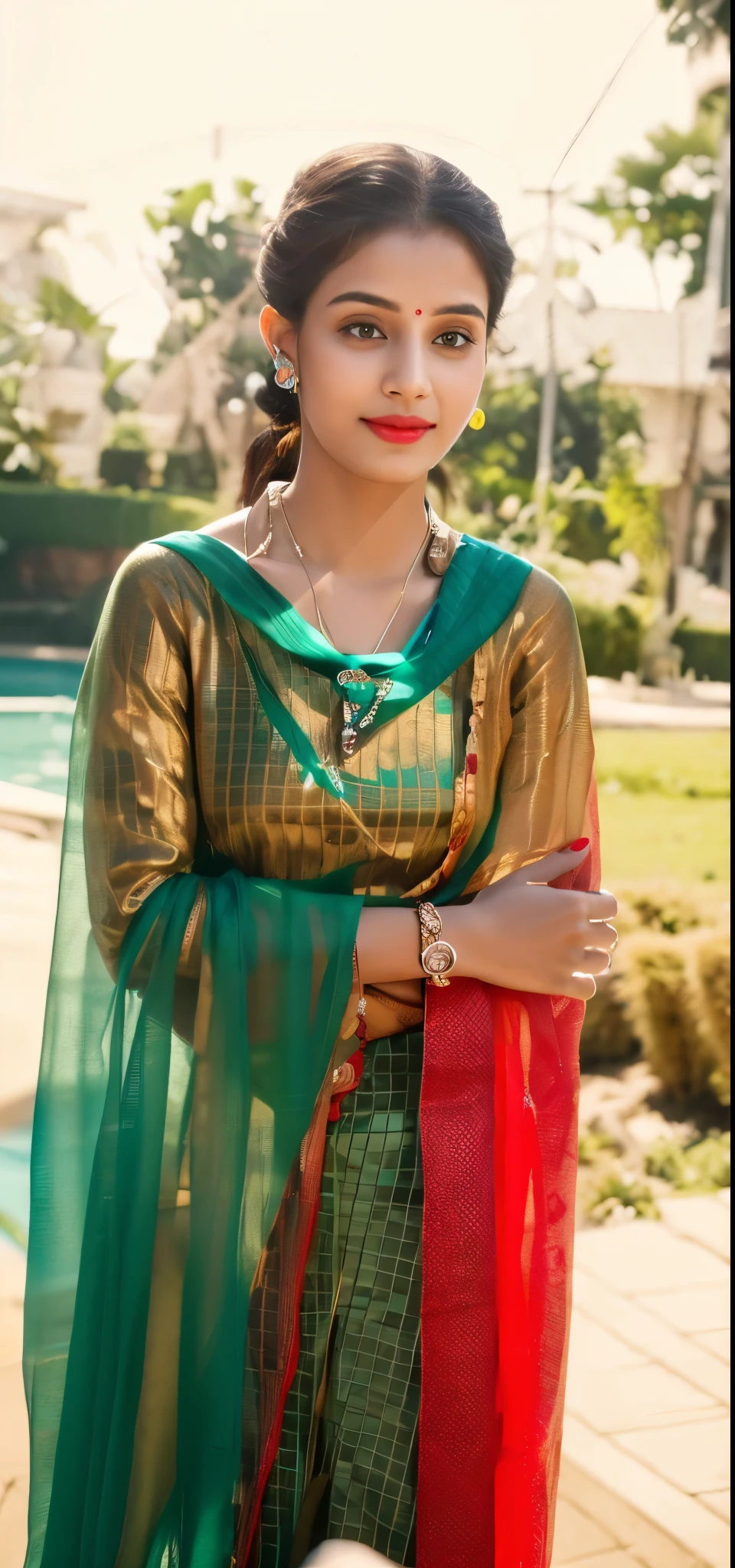 Create a 24-year-old Indian girl with kind beautiful eyes, masterpiece), (best quality:1.7), (detail:1.3, best quality, (ultra-detailed), (an extremely delicate and beautiful),cinematic light, dynamic angle, floating, (best quality:1.3), Indian girl, wearing teal, magenta , red saree, charming face , seductive pose, meadows background , with slightly wavy hair, beautiful lips, an attractive necklace, beautiful slim ears, and wearing a light chain around her neck,