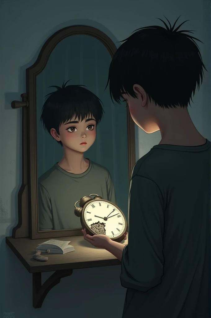 A young person looking at a broken clock in mirror with a resigned expression