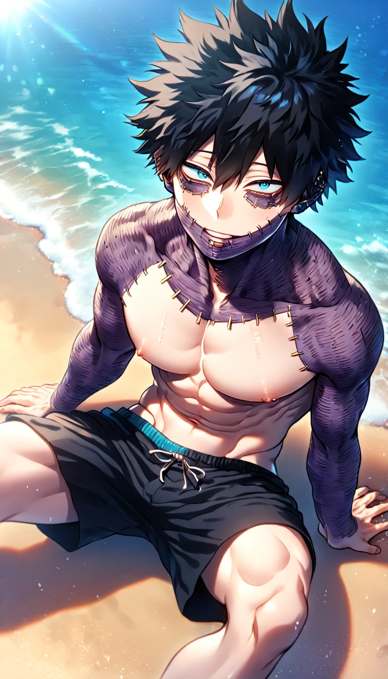 absurdres, highres, ultra detailed, HDR, master piece, best quality, detailed eyes, extremely detailed, delicated features, Dabi, black hair, expressive turquoise eyes, Boku No Hero Academia, solo, sexy man sitting, handsome, sensual, manly man, erotic, bare chest, black shorts, summer, sea, beach, blue sky