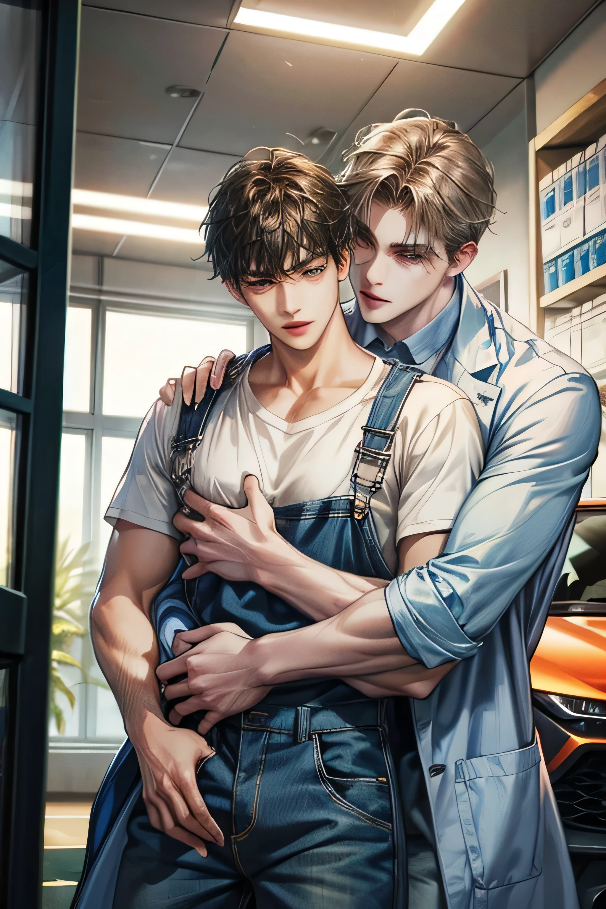 A cute guy in overalls gets hugged by a handsome guy in a lab coat and a sports car.