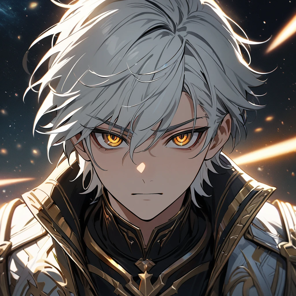 High quality, HD, 4k, no shadows, handsome male, 1male, , teenager, shwhite hair, silver hair, white hair, sharp eyes, dark golden colored eyes, deep golden eyes, dark gold eyes, gold eyes, devil may cry, close up, calm expression, stoic expression, black leather clothes, white leather clothing, lean body, well trained body, upper body, looking at viewer, cowboy shot, white solar, space background