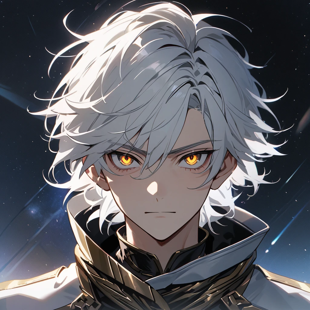 High quality, HD, 4k, no shadows, handsome male, 1male, 17 years old, teenager, short white hair, silver hair, white hair, sharp eyes, dark golden colored eyes, deep golden eyes, dark gold eyes, gold eyes, devil may cry, close up, calm expression, stoic expression, black leather clothes, white leather clothing, lean body, well trained body, upper body, looking at viewer, cowboy shot, white solar, space background