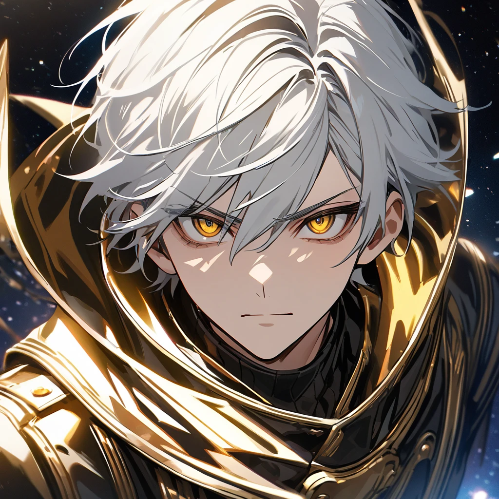 High quality, HD, 4k, no shadows, handsome male, 1male, , teenager, shwhite hair, silver hair, white hair, sharp eyes, dark golden colored eyes, deep golden eyes, dark gold eyes, gold eyes, devil may cry, close up, calm expression, stoic expression, black leather clothes, white leather clothing, lean body, well trained body, upper body, looking at viewer, cowboy shot, white solar, space background
