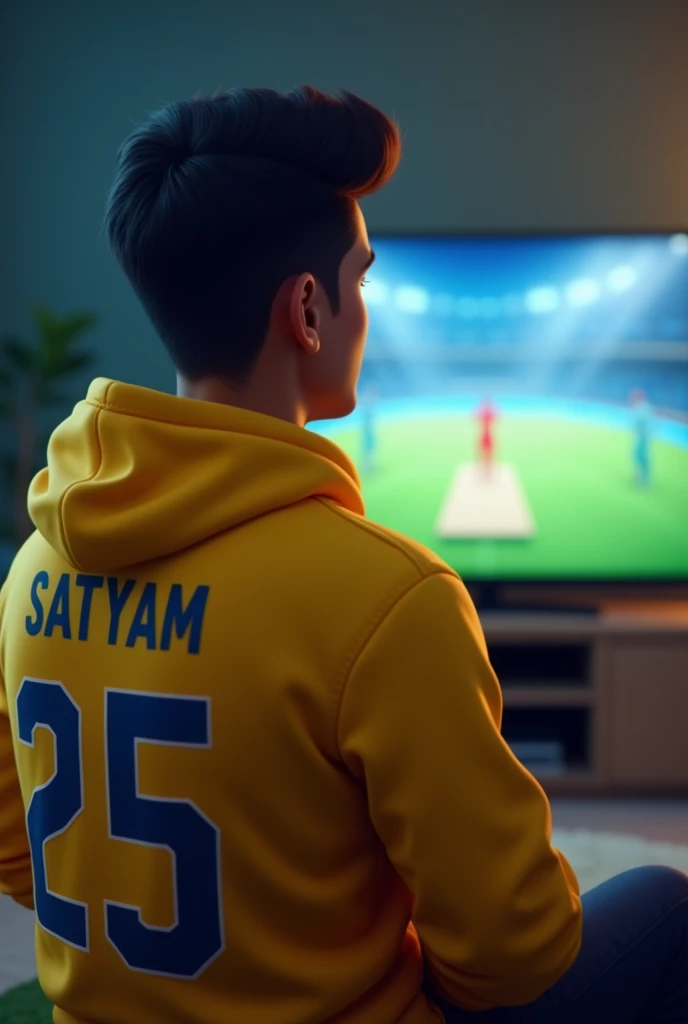 Image cricket watching in televisnion
young 
 Name Satyam jersey number 25 yellow hoodie  side face
