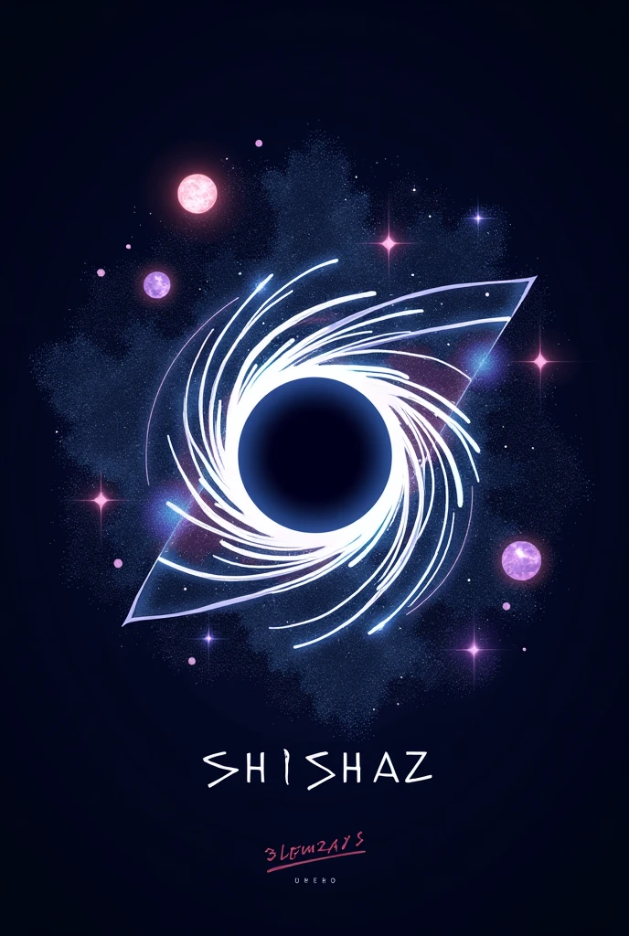 Create THE SHISHAZ band logo for me like exploring universe, black hole, warm hole, stars, planet, milkey way, universe, music, orbit, moons, 