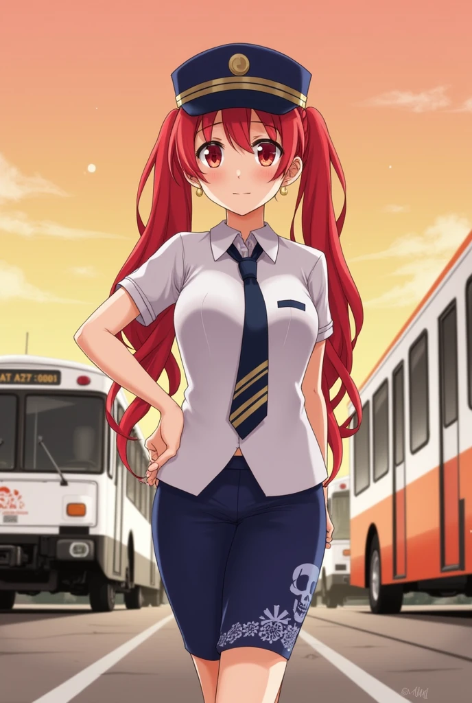 1girl, solo, red hair, red eyes, twintails, employee uniform, pencil skirt, skull print, navy cap, orange sky,, outdoors, train station, standing in front of bus,,
