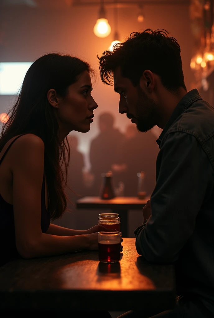 A 20-year-old couple arguing at a bar. The woman looks down and the man stares at the woman.