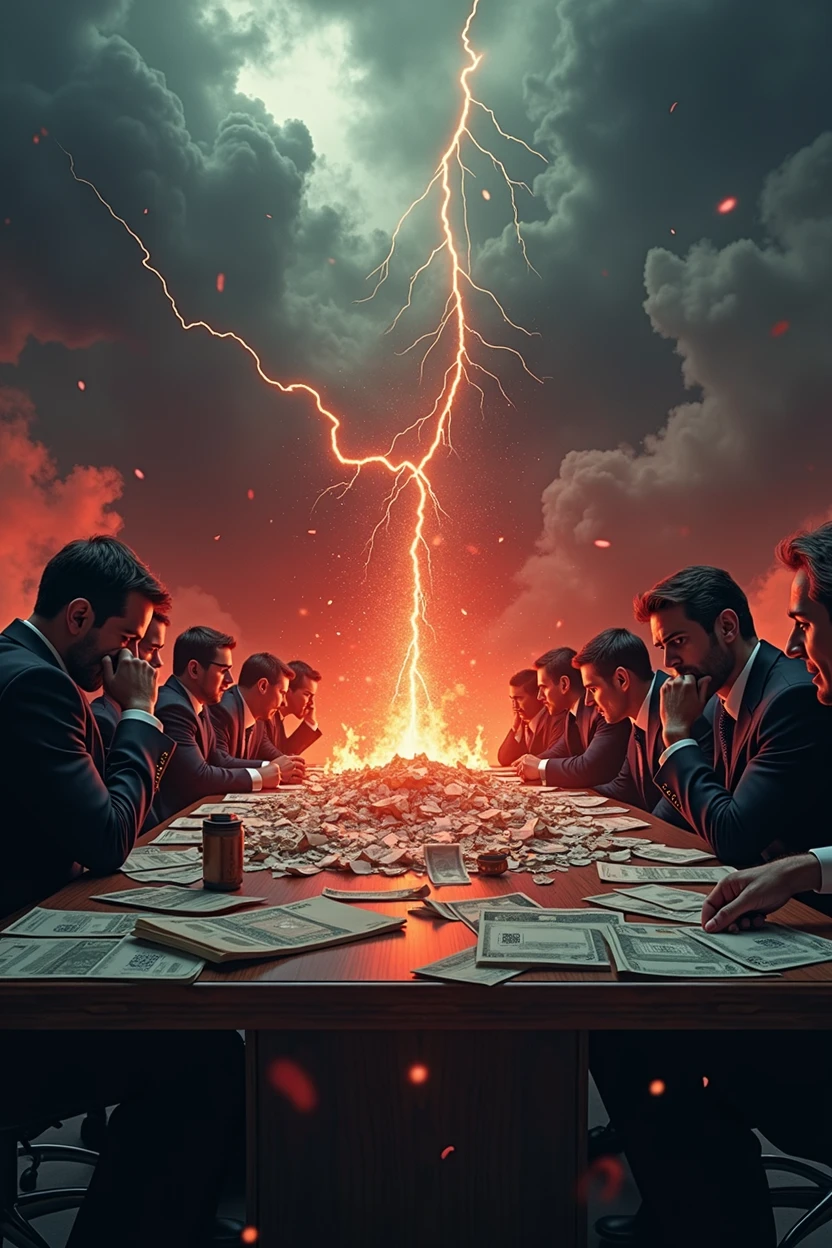 Create a hyper-realistic image depicting a catastrophic 50% drop in Nike's stock market value, symbolizing a severe and apocalyptic market crash. The atmosphere should be dark, ominous, and diabolical, evoking a sense of overwhelming crisis. The background should be a gloomy, stormy sky with swirling dark clouds and flashes of lightning, casting an eerie glow over a shattered stock market graph that shows a dramatic plummet.

In the foreground, show a group of high-ranking Nike executives in disarray, their expressions a mix of fear, panic, and despair. Their eyes should be wide with terror, some clutching their heads in disbelief, others frantically trying to salvage what they can. The surroundings should include burning stock certificates and crumpled financial reports scattered across a large conference table, with a large Nike logo that is cracked and crumbling.

Subtle details should include dark shadows looming over the executives, suggesting an almost supernatural force behind the crisis. The overall color palette should be dominated by deep reds, blacks, and grays, enhancing the atmosphere of doom and destruction. The image should capture the intensity and chaos of the situation, making it clear that this is a catastrophic event with dire consequences.

