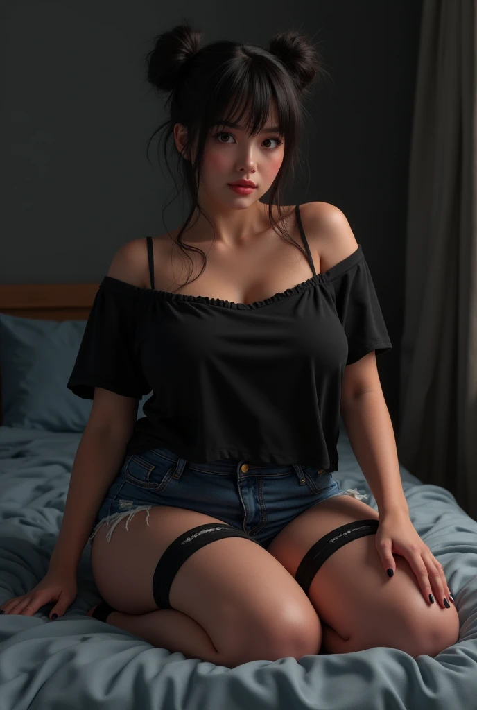  girl, (Bun Hairstyle). Wearing Black oversize t-shirt, off shoulder, cleavage, natural big breast, ((show big thigh, plump body)), sitting on the bed. Dark background. ((Wear black stocking, black garter)). Wearing torn denim hot pants.