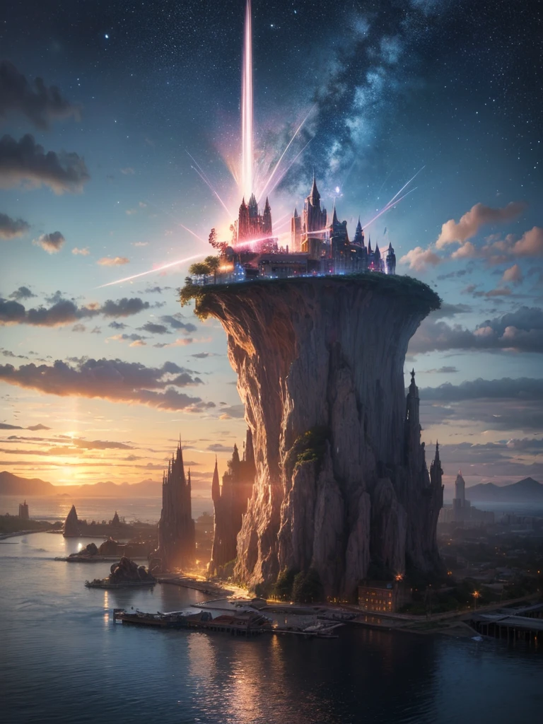 (8k, highest quality, masterpiece, final fantasy style: 1.2), (unRealistic, photoRealistic: 1.37), Dreamy landscape, Fantasy, Unsurreal landscapes, Super detailed, Flying Castle, Floating Island in the Sky, Seven-colored swirl of light, Intense lightning, milky way, Complex Light, Colored light, Large Lake, Starry sky reflected on the lake surface, Countless shining stars, Meteors,  Reflections , (A pillar of light emanated from the ground:1,2), roses and orchids gardens , sunset, pink clouds, waterfalls in the sky, realistic style, Hyperrealism drawing, a flying pirate spaceship floating at the clouds level, burning skyscrapers, cyborgs, timeless realms, stunning  princess  , floating hair, pink lipstick, cute,  shoulders ,  casting spell, healing light magic effect, in a magical lagoon of the fairyland, crystal clear water surface reflections, sharp focus, looking at viewer, (close-up:0.9), (bright white theme:1.2), (bright white tone:1.2), (deep blue tone:1.3), realistic, Hyperrealism,