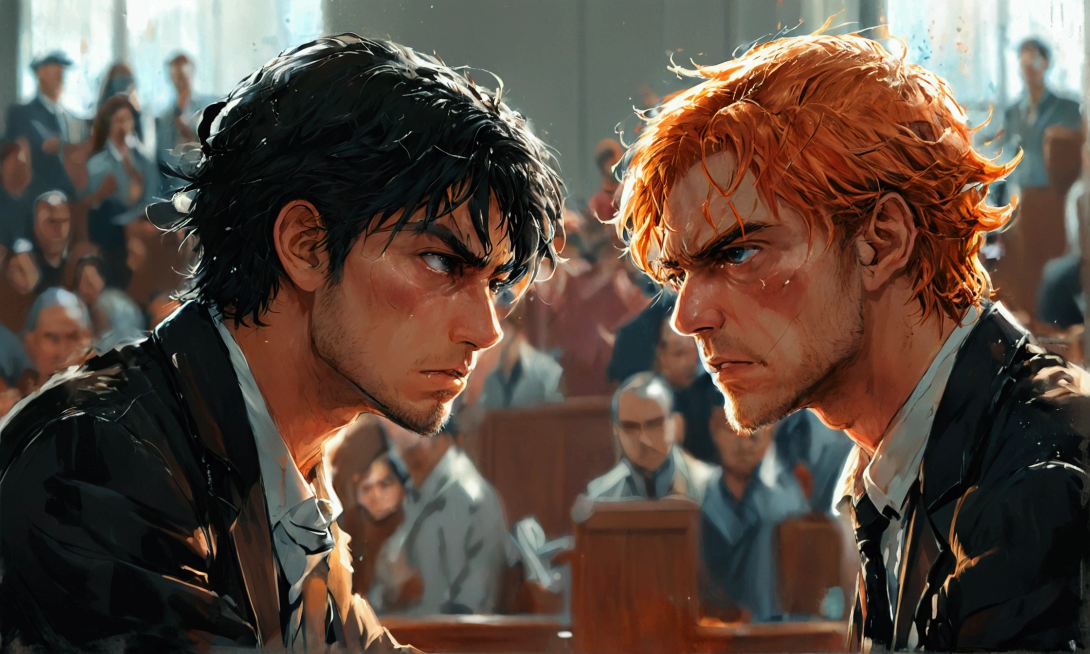 man looking at another man inside a courtroom, two men looking at each other, anger,manga style art,manga style art,manga style art,manga style art