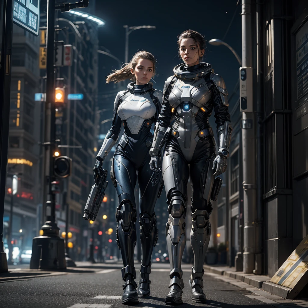 a woman in a futuristic uniform of the interstellar fleet academy walking down a street of a planetary colony with a cyborg at her side