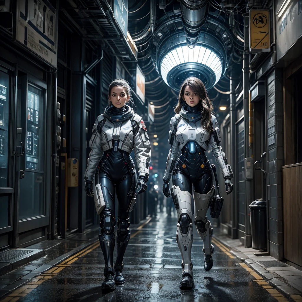 a woman in a futuristic uniform of the interstellar fleet academy walking down a street of a planetary colony with a cyborg at her side