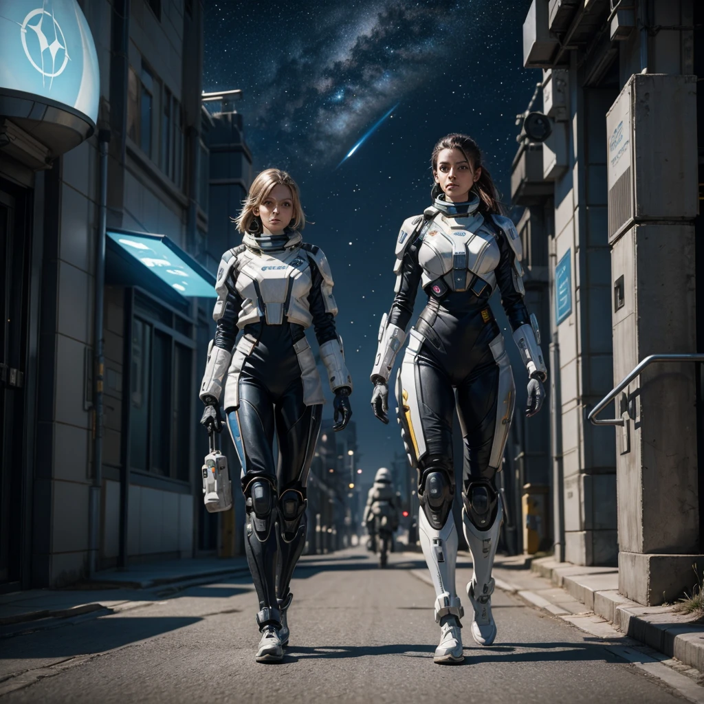 a woman in a futuristic uniform of the interstellar fleet academy walking down a street of a planetary colony with a cyborg at her side