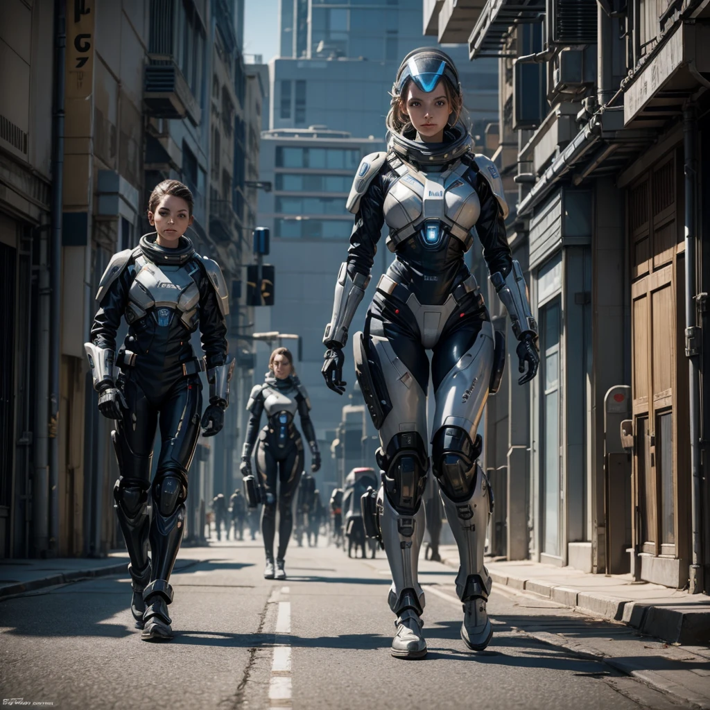 a woman in a futuristic uniform of the interstellar fleet academy walking down a street of a planetary colony with a cyborg at her side