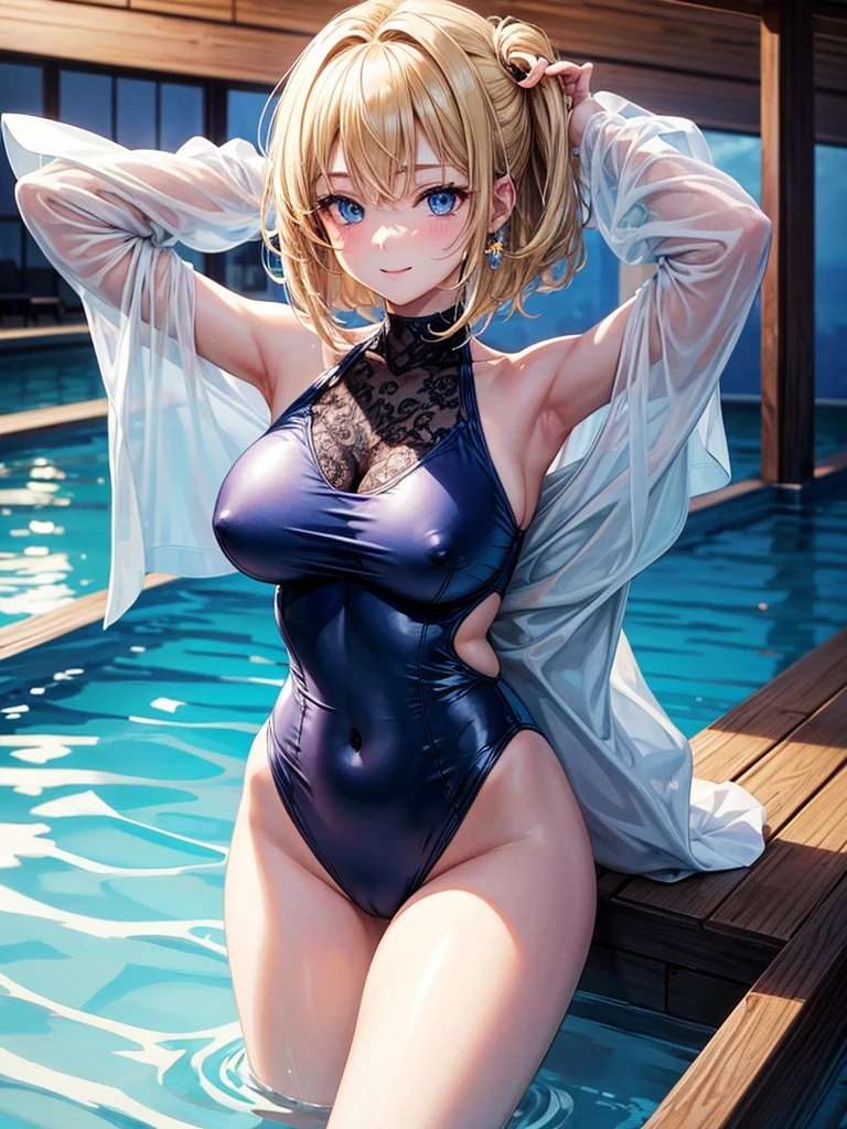 Anime style, super fine illustration, super clear illustration, highly detailed, beautiful detailed, super pale tone image, super delicate illustration, super calm & static image, sexy posing Portrait, static representation, gentle expression, 8k, angle from behind, pretty 1girl with blonde straight short hair & blue eyes & a bright smile & Big breasts & nipples & soft fair skin is wearing the swimsuit in the pool bar, in the midnight, in the night time, romantic stories, solo, perfect fingers, perfect arms, perfect legs, masterpiece, 布ははためかない, 布はいらない, 布はいらない,
