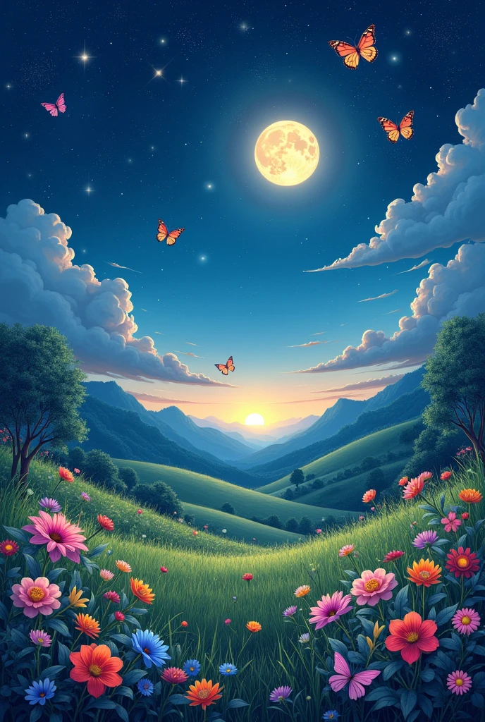 create an imaginary night scene in which stars moon grassland colourful butterflies fireflies and colourful flowers should be there
