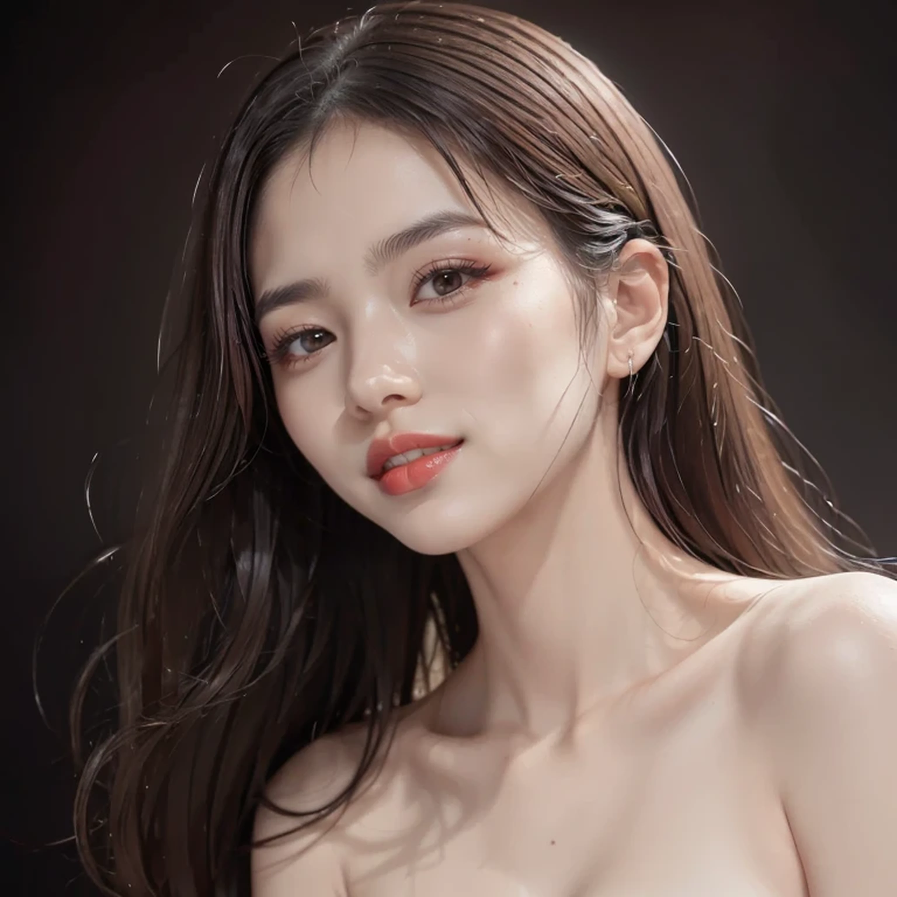(Highest quality、Tabletop、8k、Best image quality、Award-winning works)、Cute beauty、(nude:1.3)、(The simplest pure black background:1.5)、(Face close-up:1.6)、Accentuate your body lines、Beautiful and exquisite、Expressionless、(look straight at me:1.1)、(stand upright facing forward:1.1)、(Perfect Makeup:1.1)、(Bright lipstick:1.1)、Ultra-high definition beauty face、Ultra HD Hair、Ultra HD Shining Eyes、super high quality, Vibrant and lustrous lip colour、Accurate anatomy、Very beautiful skin、Ultra high resolution and beautiful, Glowing Skin、An elegant upright posture when viewed from the front、Sweaty skin、Hot Face、Damp Hair、Moisturized Skin