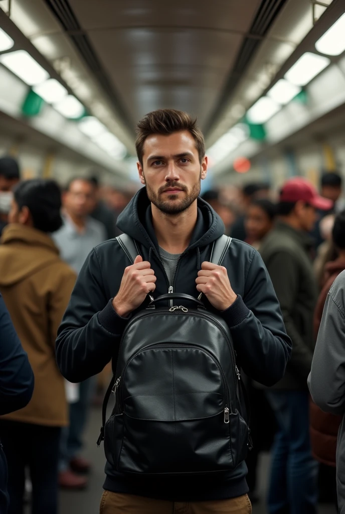 A person travelling in local train and standout around a lot of people. Give me the front view and a person should wear a black leather backpack
In the image person should looking confident
In the picture a person should come in front of me
Convert the person to 180°. The bag he wear it has no details it should a plain backpack