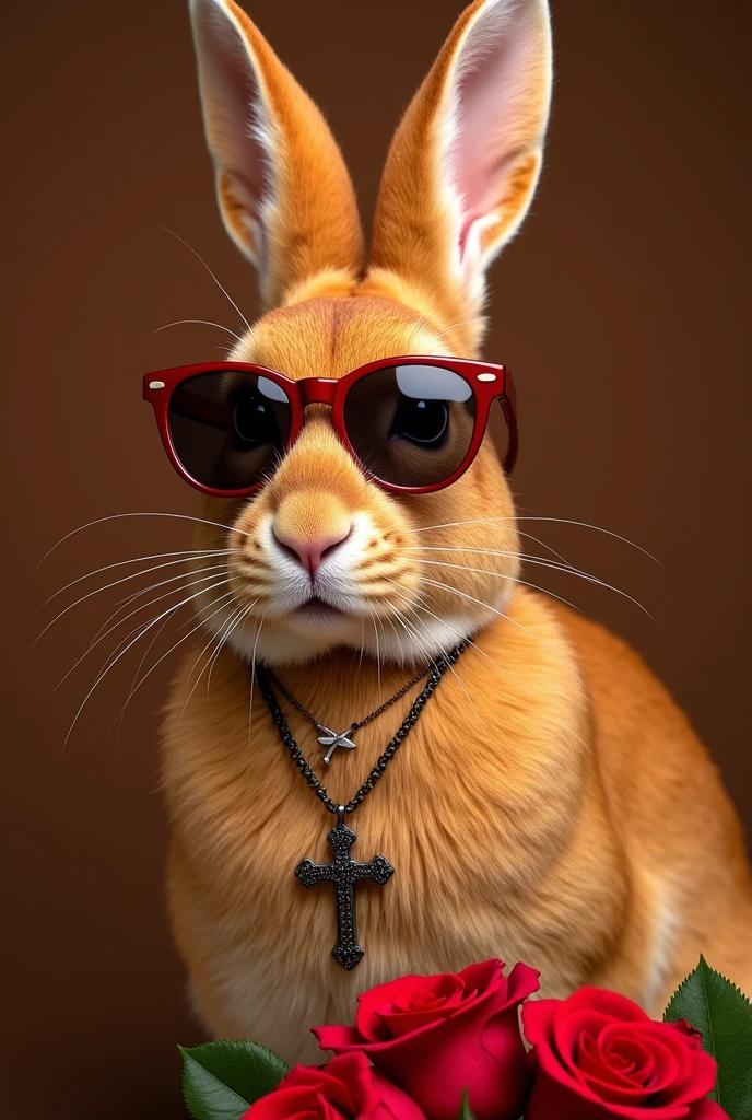 Orange hare with airplane pilot glasses with Santa Rosa de Lima theme from Peru and bouquets of red roses and cross necklace