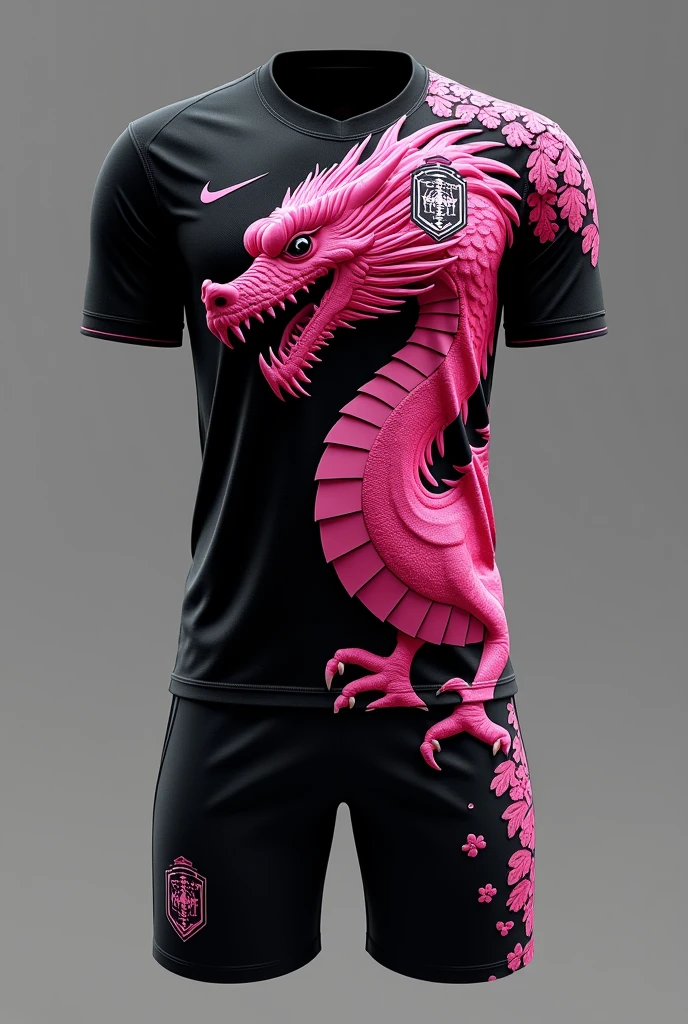 Brazilian football uniform ,with the color black and a giant pink dragon on the shirt,with pink scale on the right shoulder, we brand nike