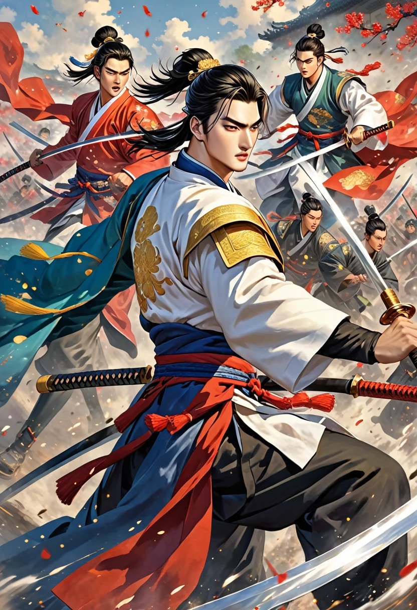 aenimeiyeon , JoJo, Zhuge Liang, oiling, handsome, 3 people, sweet boy, young man, battle, china, The Great War, weapon, They fight each other with swords, Three Kingdoms of the jeogbyeogdaejeon