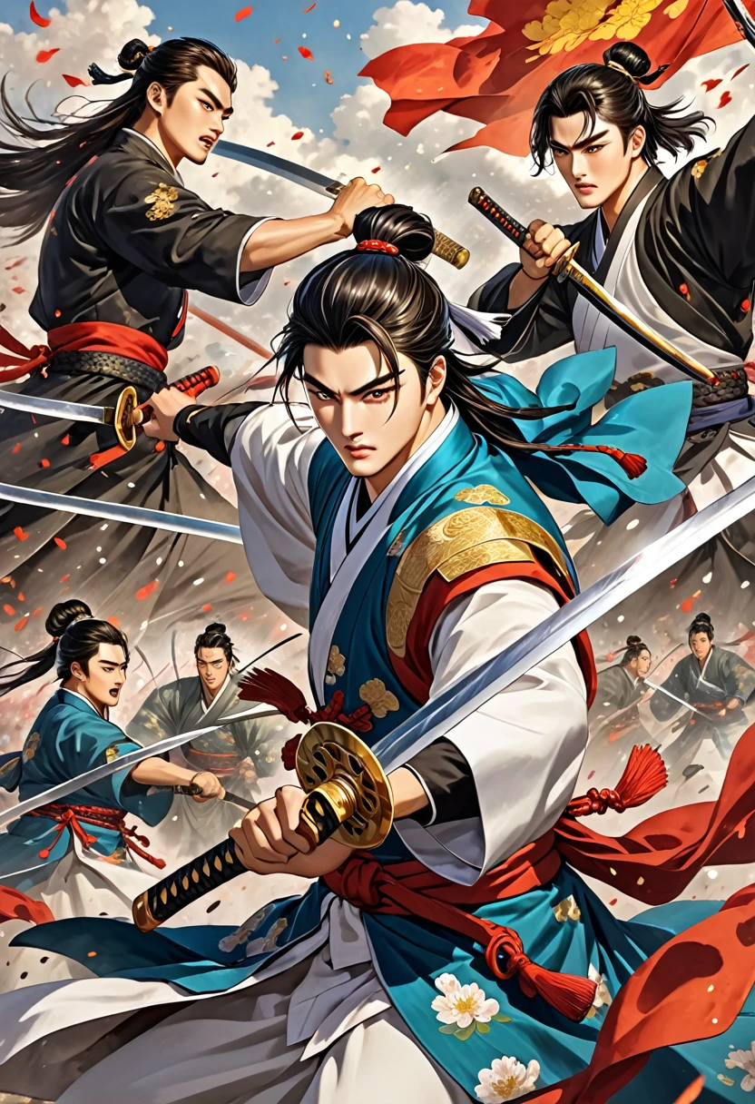 aenimeiyeon , JoJo, Zhuge Liang, oiling, handsome, 3 people, sweet boy, young man, battle, china, The Great War, weapon, They fight each other with swords, Three Kingdoms of the jeogbyeogdaejeon
