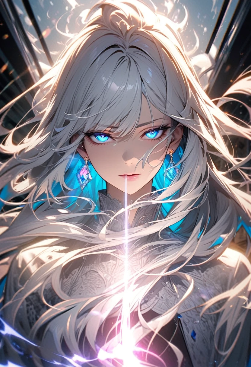 woman, blue eyes, long hair, white hair, mature, god eyes, diamond earings,  beautiful, high detail, beautiful color, high detail, half eyes, holo, light aura, glowing eyes