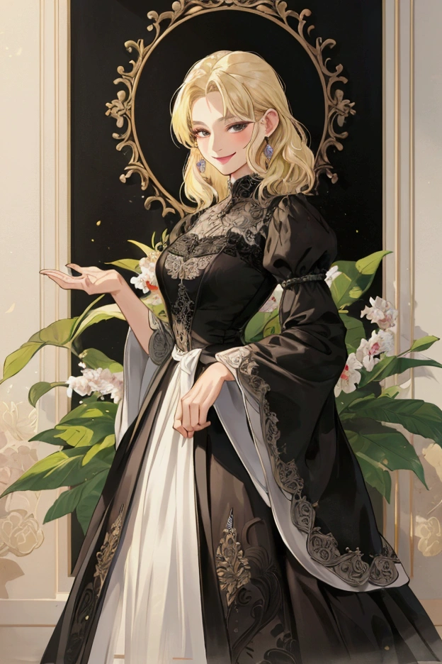 Masterpiece, old woman, best quality, finely detailed, middle-aged, wrinkles, blond hair, smiling face, black dress with sleeves, standing, draw till waist, looking at the viewer, female,