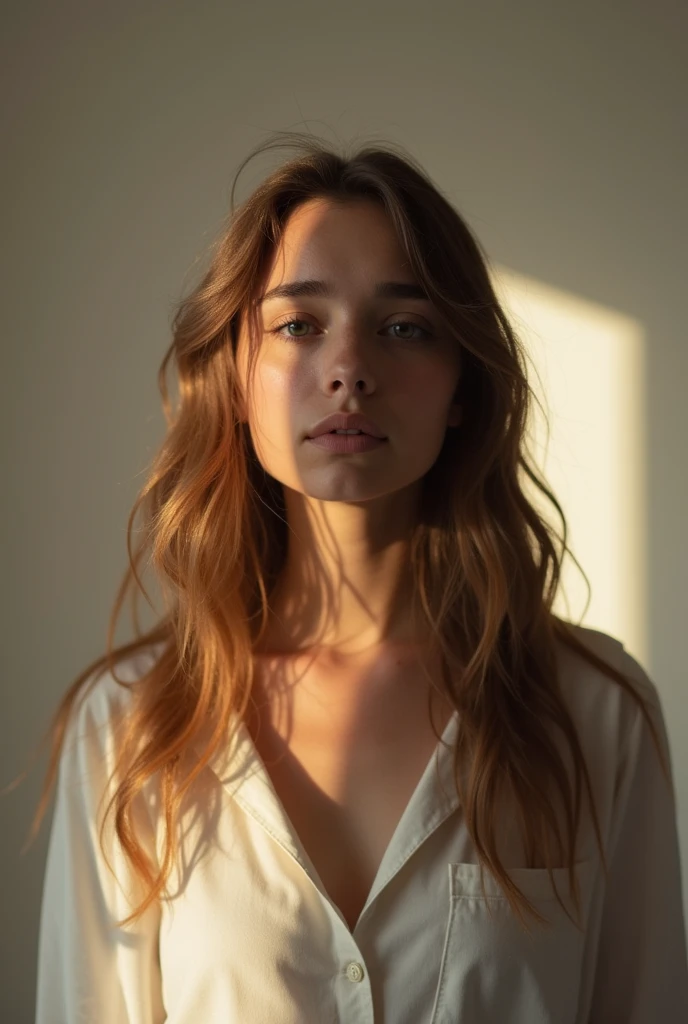 Beautiful 20 years old Christian Influencer Girl, Looking in front, in a warm white soft studio, with a hopeless sad face, longing for Jesus, High quality, photorealistic,